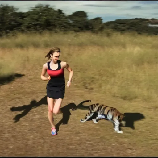 Prompt: screenshot of go pro footage emma watson running in front of tiger