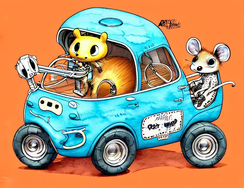 Image similar to cute and funny, quoll riding in a tiny hot rod with oversized engine, ratfink style by ed roth, centered award winning watercolor pen illustration, isometric illustration by chihiro iwasaki, edited by range murata, tiny details by artgerm and watercolor girl, symmetrically isometrically centered