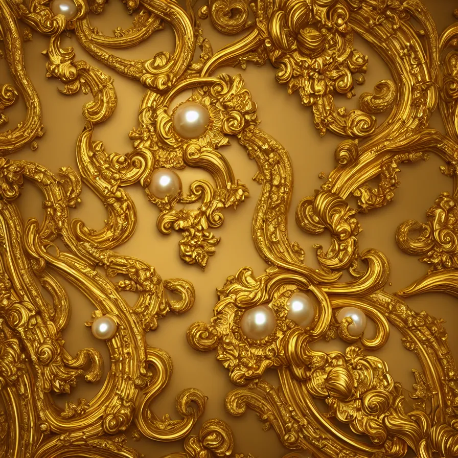 Image similar to subsurface scattering, seamless 3 d baroque gold pattern, beautiful dynamic shadows, gold and pearls, symmetrical, rococo elements, damask, artstation, versace pattern, concept design art, octane render, 8 k