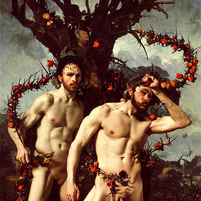 Prompt: portrait of a shirtless muscular male supermodel with two nipples, a wreath of thorns, snakes, smoke, flames, waist up, oil painting in a renaissance style , very detailed, haunted background, painted by Caravaggio, Greg rutkowski, Sachin Teng, Thomas Kindkade, Alphonse Mucha, Norman Rockwell, Tom Bagshaw