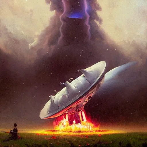 Image similar to a beautiful mothership stuck in the ground, the spaceship is on fire, smoke, rainstorm, lightning, angry, kinetic, john sargent, adolphe bouguereaum, norman rockwell, peter deligdisch, jama jurabaev, sachin teng, sergey kolesov, ruan jia, trending on artstation, highly detailed oil painting,