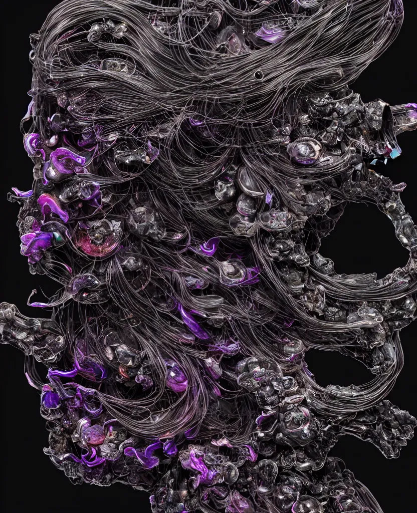 Prompt: fully black background. background hex 000000. goddess princess face close-up portrait ram skull. made of dichroic obsidian. jellyfish phoenix head, nautilus, orchid, skull, betta fish, bioluminiscent creatures, intricate artwork by Tooth Wu and wlop and beeple. octane render, trending on artstation, greg rutkowski very coherent symmetrical artwork. cinematic, hyper realism, high detail, octane render, 8k