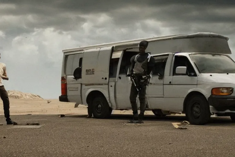 Image similar to movie diverse interracial team of Japanese robbers armed with rifles interior clean futuristic tactical van, beautiful skin, Symmetrical faces. natural lighting by Emmanuel Lubezki