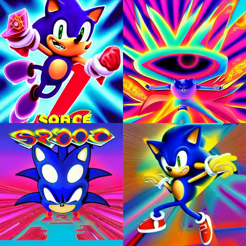 Prompt: surreal, sharp, detailed professional, high quality airbrush art album cover of 1990s vaporwave LSD techno-spiritualism in the vague shape of sonic the hedgehog, blue checkerboard background, 1990s 1992 Sega Genesis box art, Sonic