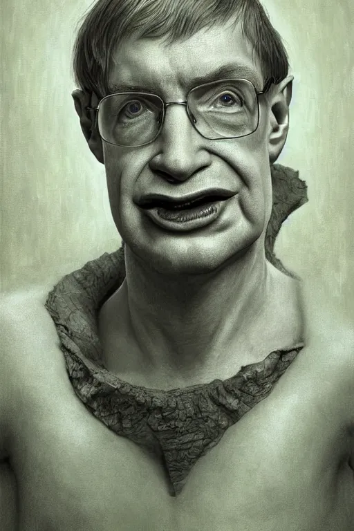 Prompt: photorealistic portrait photograph of stephen hawking as shrek, upper body, handsome, depth of field, soft focus, highly detailed, intricate, realistic, national geographic cover, soft glow, textured, artstation, concept art, sharp focus, illustration, art by artgerm and greg rutkowski and alphonse mucha