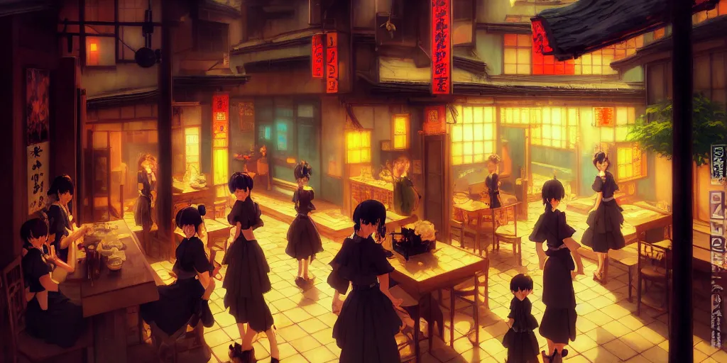 Prompt: baroque oil painting of key visual environment concept art of anime maid cafe in modern japan, brutalist, dark fantasy, rule of thirds golden ratio, fake detail, trending pixiv fanbox, acrylic palette knife, style of makoto shinkai studio ghibli genshin impact jamie wyeth james gilleard greg rutkowski chiho aoshima