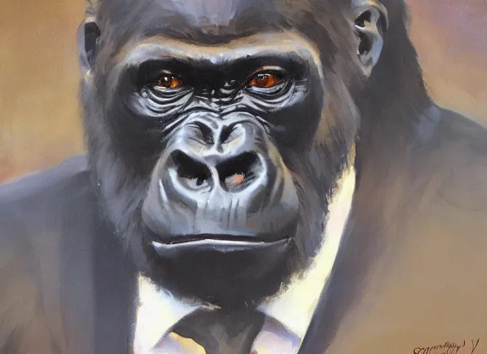 Image similar to a highly detailed beautiful portrait of a gorilla wearing a suit, by gregory manchess, james gurney, james jean