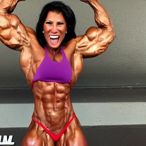Image similar to woman bodybuilder on steroids, huge muscles, very tan, screaming and flexing