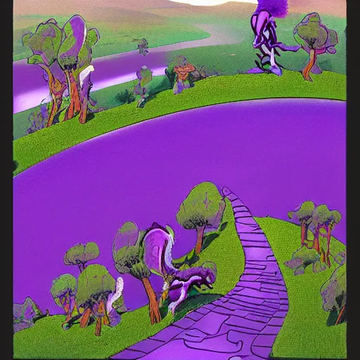 Prompt: The Purple People Eater :: extremely detailed landscape, Pixar, concept art by Don Bluth :: a masterpiece by Alan Davis ::