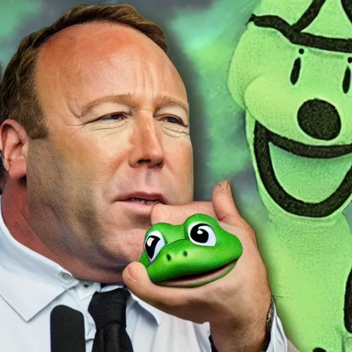 Prompt: Alex Jones becomes a frog during a bad salvia trip, Luigi's haunted mansion
