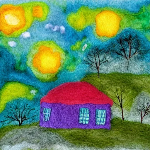 Prompt: small wooden house in the middle of spring forest, bright colours, watercolor painting, volumetric wool felting details