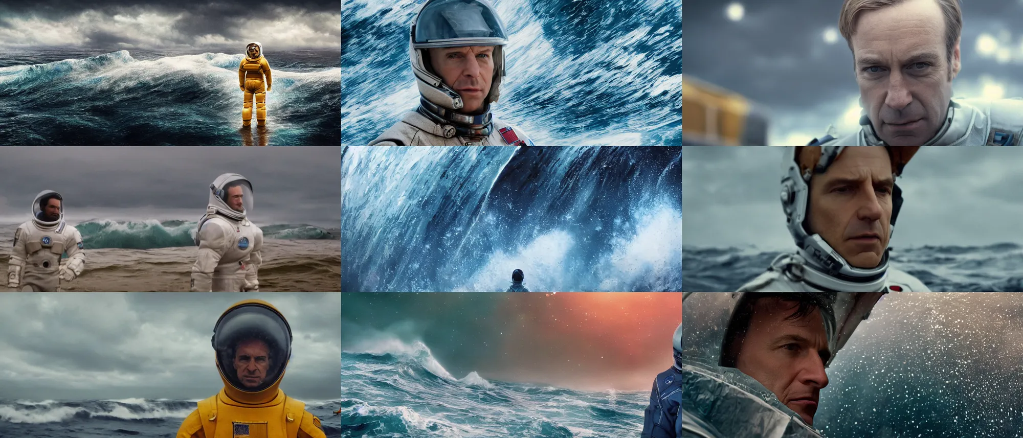 Prompt: on ocean , bokeh !!cinematic close up shot of saul goodman wearing the spacesuit in scene from the movie interstellar ,shady dull weather, panorama,natural dull colours, exteremely giant ocean wave in background