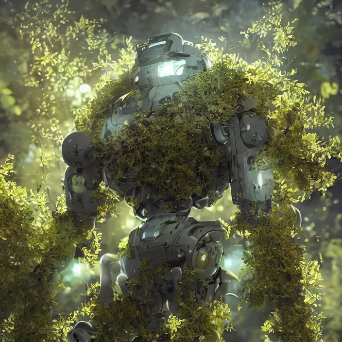 Image similar to overgrown foliage taking over an abandoned robot body, close - up, 3 5 mm, biopunk, bokeh, beautiful, lens flare, emotional, sweet, flowers, detailed, picture, trending on artstation, award - winning, shiny, golden