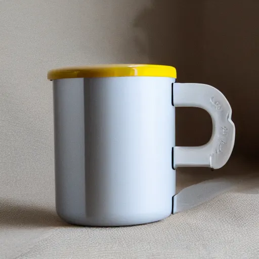 Image similar to yellow coffee mug, mugs surface is similar to a rimowa aluminium suitcase, mug is full of steaming coffee