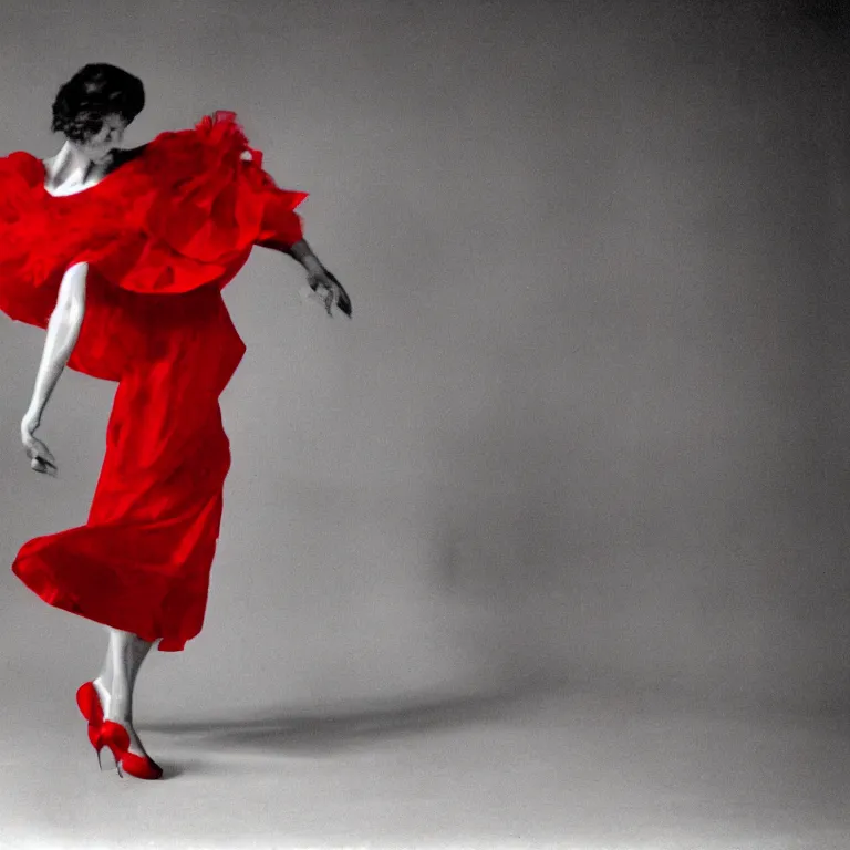 Prompt: A high-detailed photo of woman dancing in the night, grayscale photo with red dress, realism, photo by Richard Avedon