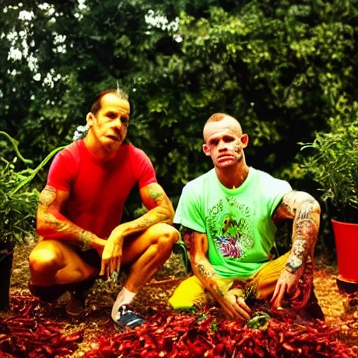 Prompt: A brightly coloured photo of Anthony Kiedis and Flea in a Chili-Pepper garden, 8k, warm dramatic lighting