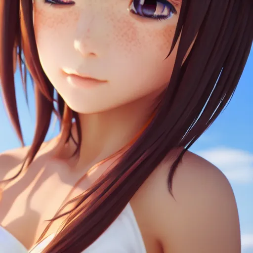 Image similar to ichinose honami, Render of a very beautiful 3d anime girl, long hair, hazel eyes, cute freckles, full round face, short smile, cute sundress, golden hour, serene beach setting, medium shot, mid-shot, highly detailed, trending on Artstation, Unreal Engine 4k