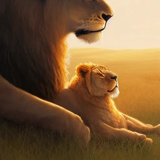 Prompt: contented lion and lioness cuddling with each other, golden hour, adorable, art by artgerm and greg rutkowski, 8k UHD