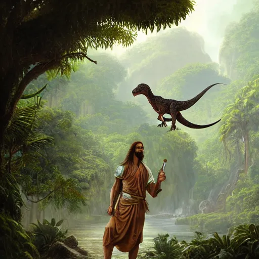 Image similar to a detailed matte painting of a ridiculously good looking jesus who is exploring the prehistoric jungle with his pet velociraptor, elegant ancient greek dress, jungle as the background, very detailed, beautiful, intricate, art by greg rutkowski and robert e howard, octane render