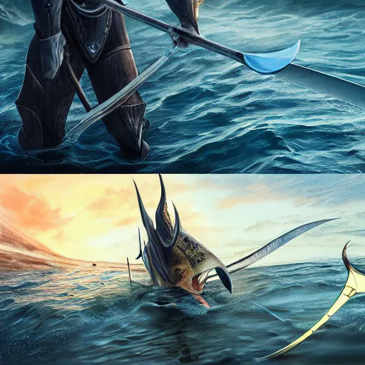 Image similar to lord sauron on his new paddle fishing a giant swordfish, digital art, trending on art station, high quality, uhd 8 k, beautiful, golden hour, intricate detail, high gradient, raytracing