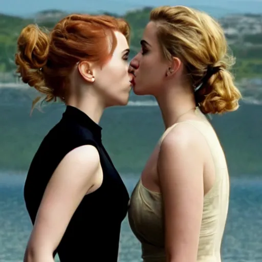 Prompt: scarlett johansson and emma watson preparing to kiss teasingly, sexy, movie still, film screencap, romantic intimate scene, two women