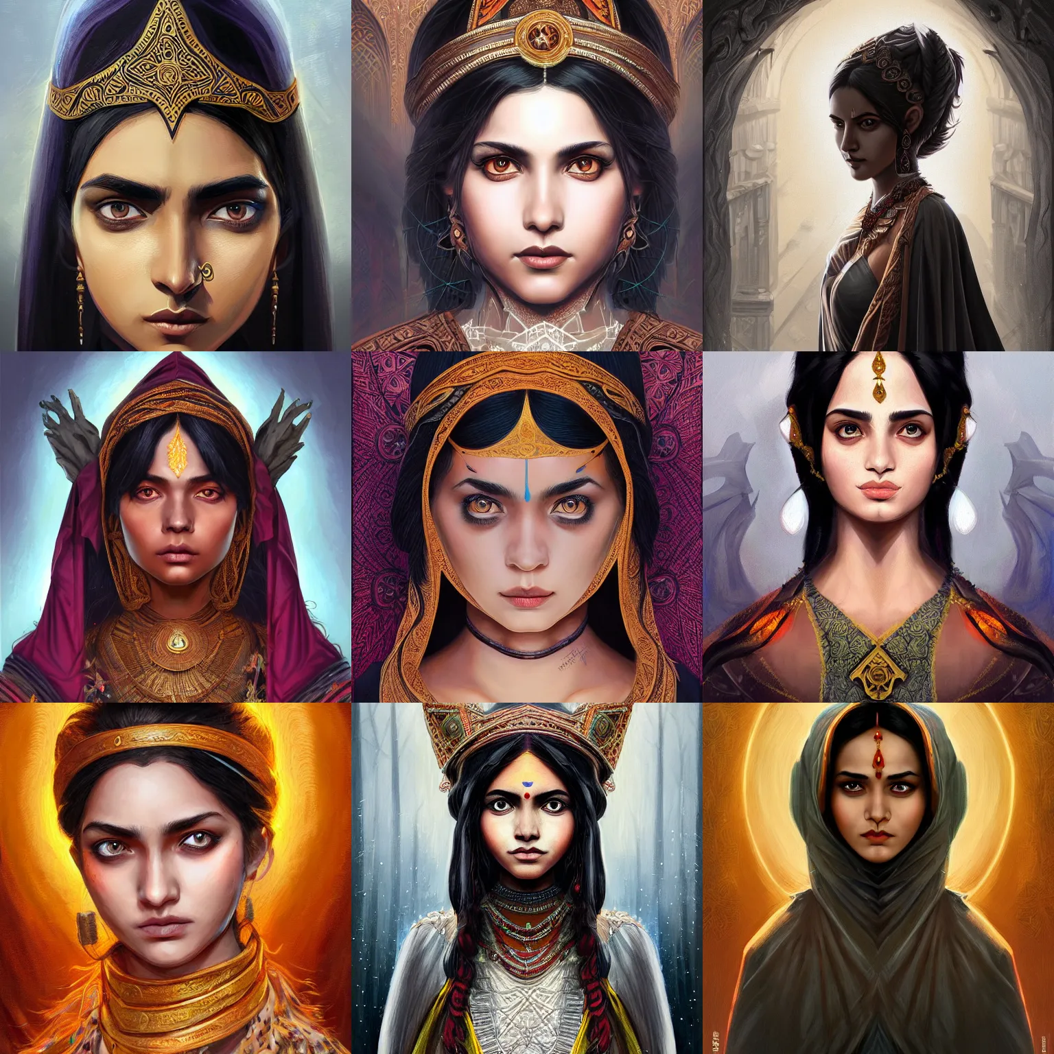 Prompt: head-on symmetrical centered painted portrait, young Indian woman D&D wizard, black hair, medieval robes, fantasy, intricate, elegant, highly detailed, digital painting, smooth, sharp focus, illustration, artstation, in the style of Artgerm and Anna Podedworna and Alex Ross