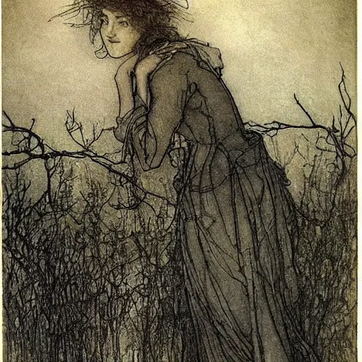 Prompt: by arthur rackham bleak. a kinetic sculpture beauty & mystery of the woman sitting before us. enigmatic smile & gaze invite us into her world, & we cannot help but be drawn in. soft features & delicate way she is dressed make her almost ethereal. landscape distance & mystery. what secrets this woman holds.