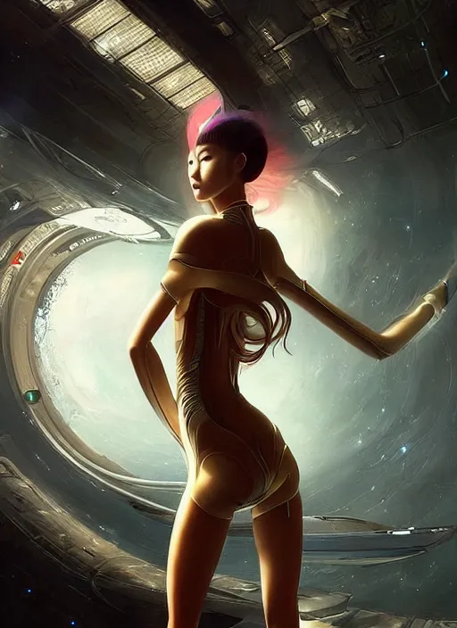 Image similar to beautiful Japanese female teen in sumptuous futuristic slim dress, scifi spacetation, unrealistic, unreal engine, by Peter mohrbacher and Boris Vallejo