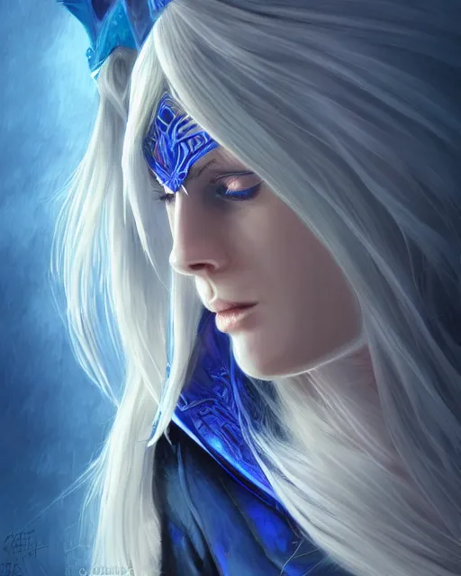 Prompt: A beautiful mysterious girl with hooded cobalt-blue eyes and silky white hair, guitar shape build, her wardrobe is attractive, full body, fantasy art, in the style of Frank Neidhardt, illustration, epic art, fantasy, intricate, elgant, amazing detail, digital painting, artstation, concept art, smooth, sharp focus