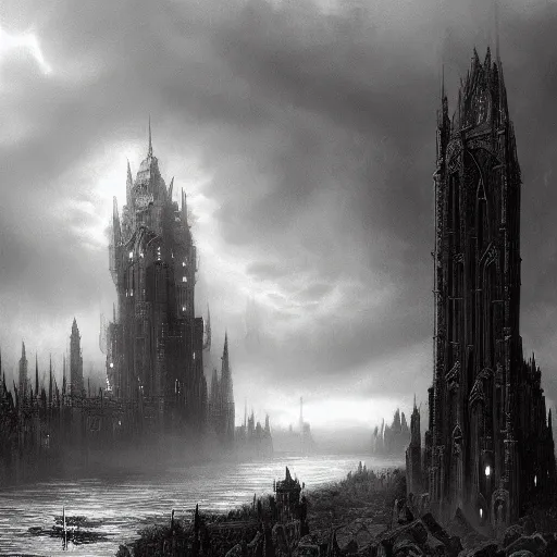 Image similar to an ultra detailed black and white matte painting of a lonely and impossibly tall ominous gothic dark citadel tower of the evil patriarch, in the style of magic the gathering, in a river elevated high above the city, gaslight fantasy capital city, ultrawide lense, aerial photography, scary thunderstorm, exquisite detail, 8 k, art by greg rutkowski and alphonse mucha
