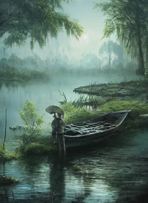 Image similar to painting of a boat in a swamp, a detailed matte painting by senior environment artist, cgsociety contest winner, fantasy art, concept art, matte painting, cryengine