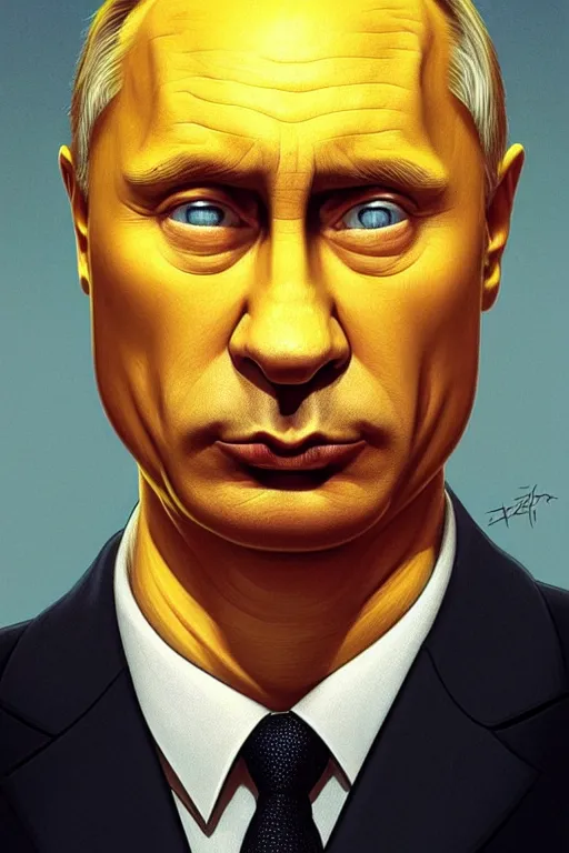 Image similar to vladimir putin as a yellow funny homer simpson, realistic portrait, symmetrical, highly detailed, digital painting, artstation, concept art, smooth, sharp focus, illustration, cinematic lighting, art by artgerm and greg rutkowski and alphonse mucha