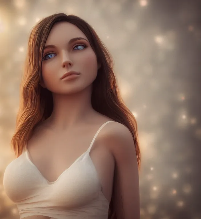 Prompt: centered waist up portrait of an angel, bokeh + DOF + 8k, photorealistic + rendered in vray + ultra realistic + backlit + strong rim light + HDRI, HD, Photoreal , by Andon Hristov, trending on artstation
