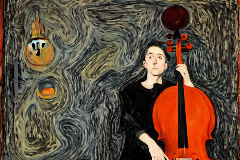 Image similar to portrait of a young cellist focusing with a background of hundreds of cellos by vincent lefevre and hernan bas and pat steir and hilma af klint, psychological, symmetrical face, dripping paint, rendered in octane, altermodern, masterpiece