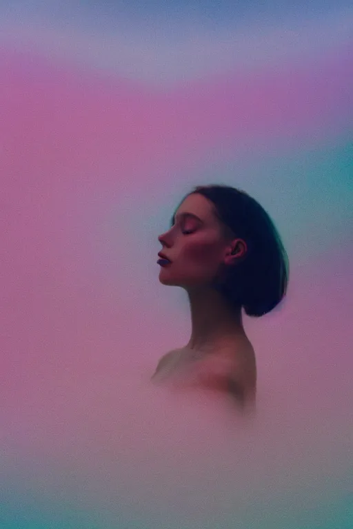 Image similar to high quality pastel coloured film close up wide angle photograph of a model wearing clothing swimming on cloud furniture in a icelandic black rock!! environment in a partially haze filled dreamstate world. three point light, rainbow. photographic production. art directed. pastel colours. volumetric clouds. pastel gradient overlay. waves glitch artefacts. extreme facial clarity. 8 k. filmic.