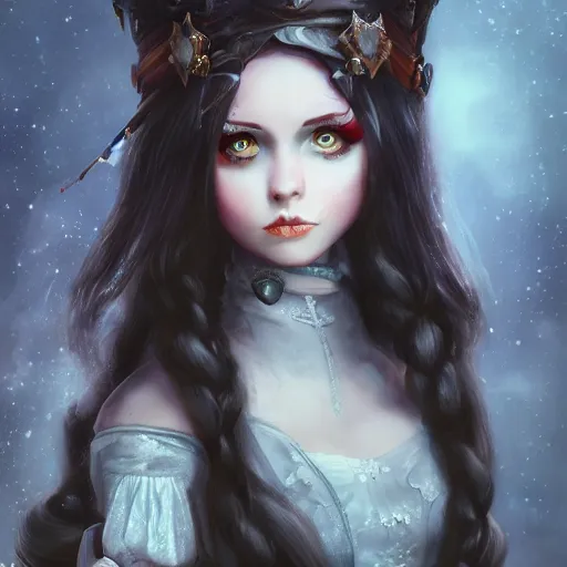 Image similar to whimsical grumpy girl, portrait, ice magic, dark hair, waist high, fantasy clothing, cgsociety, trending on artstation, dnd, castle background