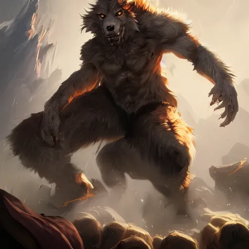 Image similar to portrait of werewolf of ashes and smoke, league of legends splash art, hearthstone splash art, full body shot, rule of thirds, ultrafine hyperrealistic detailed face, artgerm, greg rutkowski, trending on artstation, 8 k, intricately detailed, highly detailed