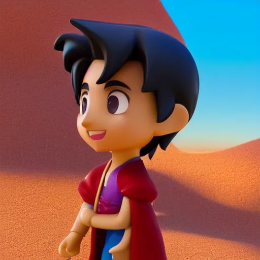 Image similar to profile view of young aladdin as nendoroid walking in a desert, disney, pixar, 8 k, hd, dof, kodak film, volumetric lighting, subsurface scattering, photorealistic, octane render, details