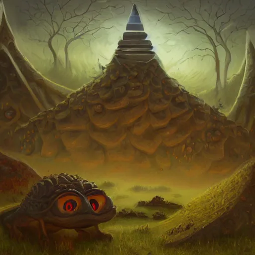 Prompt: a village built on the god of nyarlathotep, toad - like creatures that seemed to change their shape and appearance constantly, and from which emanated, in some way that i am unable to distinguish, a horrible hooting, a kind of flute. oil painting, digital art, ultradetailed, artstation