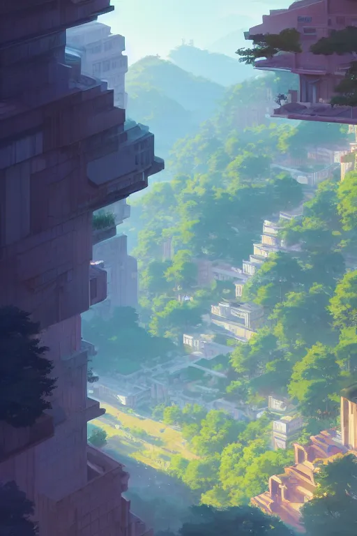 Image similar to evergreen valley, waterfalls, ancient marble city, tall buildings, wide view, landscape, by makoto shinkai and lois van baarle, ilya kuvshinov, rossdraws, tom bagshaw, global illumination, morning light, radiant light