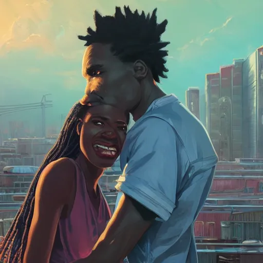 Image similar to highly detailed portrait of a black couple on the rooftop, synthwave city, stephen bliss, unreal engine, fantasy art by greg rutkowski, loish, rhads, ferdinand knab, makoto shinkai and lois van baarle, ilya kuvshinov, rossdraws, tom bagshaw, global illumination, radiant light, detailed and intricate environment