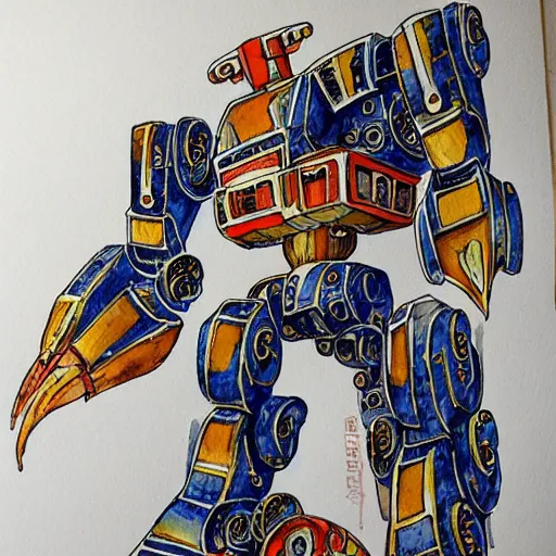 Image similar to an intricate water colour painting of a giant anime robot with rounded and circular parts