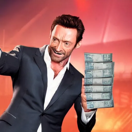 Image similar to action shot of hugh jackman at the club partying and taking selfies with a pile of cash in the background in GTA V or GTA VI, 8K, highly detailed, photo realistic