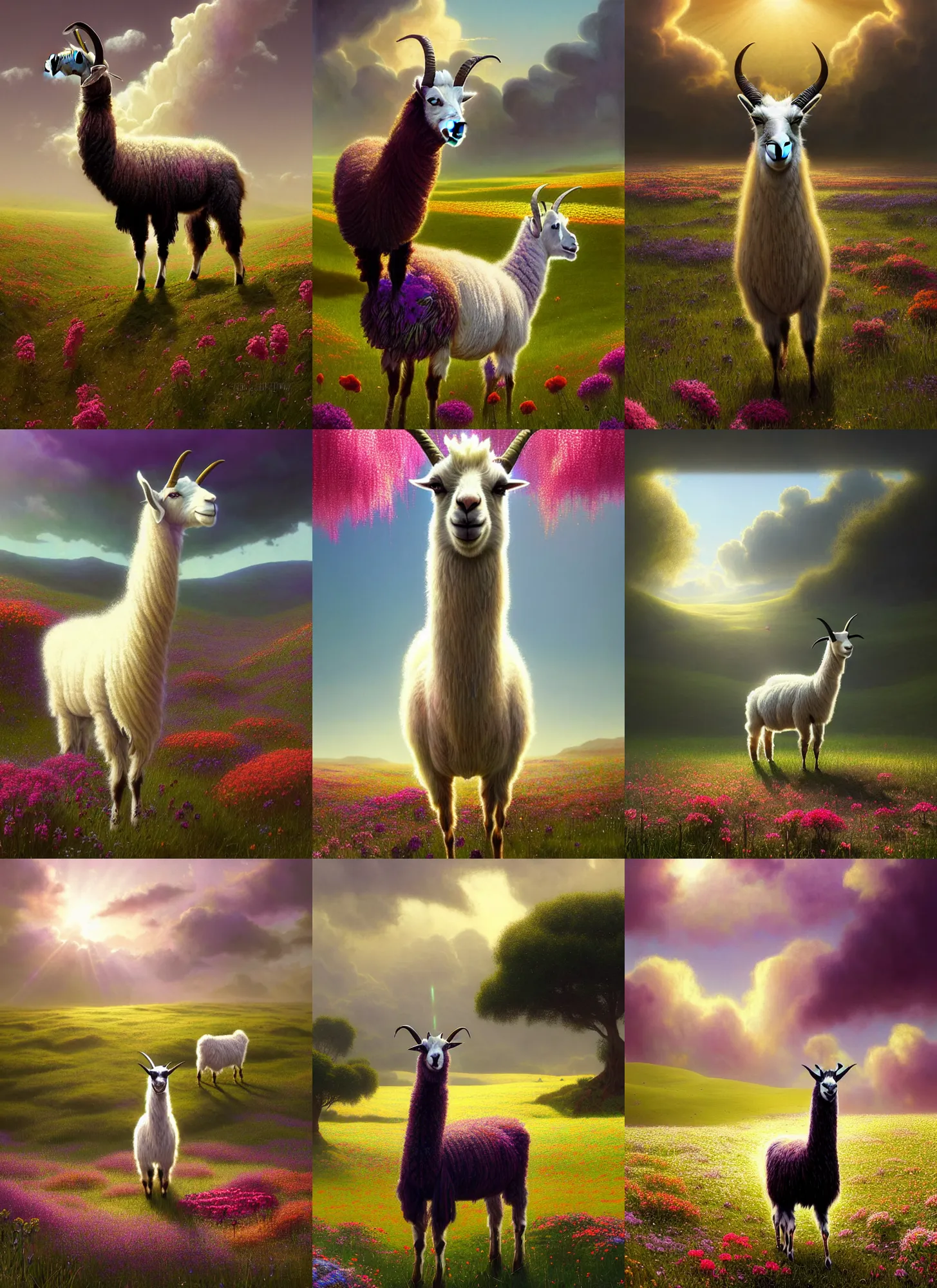 Prompt: portrait of goat as a llama, surrounded by fields of flowers on a beautiful morning. intricate digital matte painting concept art, photorealistic, colorful, psychedelic, beautifully backlit, subtle tones, sharp focus, cinematic aesthetic octane render, volumetric lighting, by greg rutkowski, edmund leighton, james jean, ross tran and artgerm