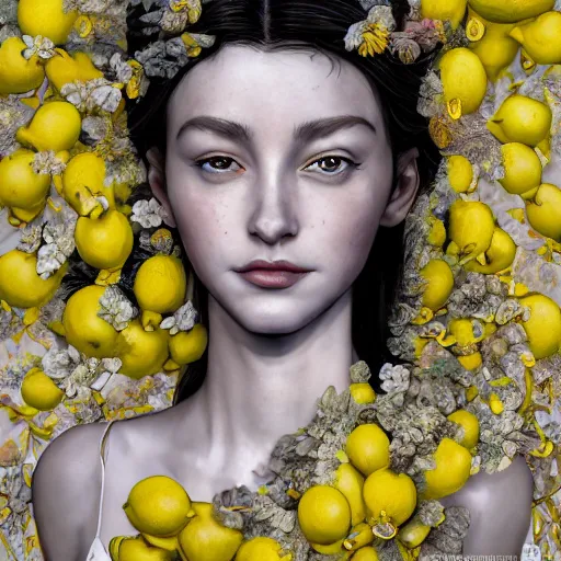 Image similar to the portrait of an absurdly beautiful, graceful, elegant, sophisticated, young girl made up of lemons, an ultrafine hyperdetailed illustration by kim jung gi, irakli nadar, intricate linework, bright colors, octopath traveler, final fantasy, unreal engine 5 highly rendered, global illumination, radiant light, detailed and intricate environment