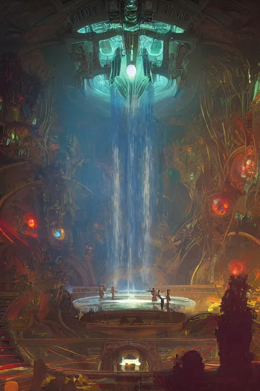 Prompt: Concept Digital Art Highly detailed Alien Art Deco Cybertron lazy river inside of the Palace of the Primes with glowing blood water at night by greg rutkowski, Ilya repin, alphonse mucha, and Edmund Blair Leighton. Very highly detailed 8K, octane, Digital painting, the golden ratio, rational painting, sharp