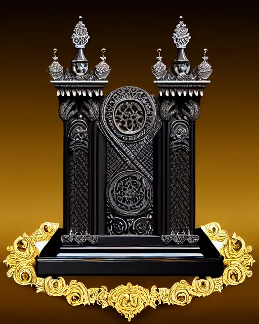 Prompt: royal ornate black ebony altar of realistic detailed owl sanctuary stronghold fortress with golden filigree carved out of ivory