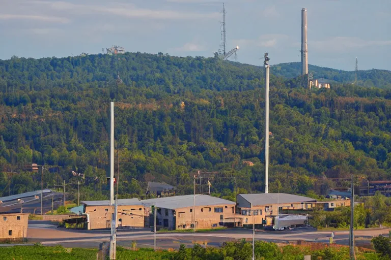 Image similar to a centered road next to warehouses, and a tree hill background with a radio tower on top, 3 0 0 mm telephoto lens