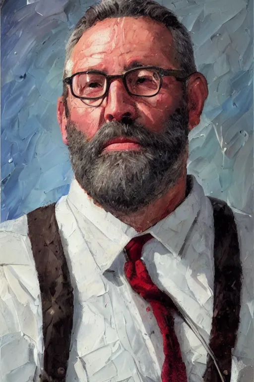 Prompt: palette knife oil painting of professor clay, middle - aged, thickset, barrel chest, voluminous, salt - and - pepper beard. eyes smolder like embers. dress shirt and suspenders, sleeves rolled, tie loosened. extreme detail. artstation trending, artgerm, deviant art, octane, substance, art history 8 k