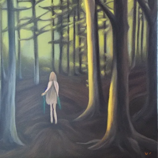 Image similar to Wanderer in the dark forest, oil on canvas